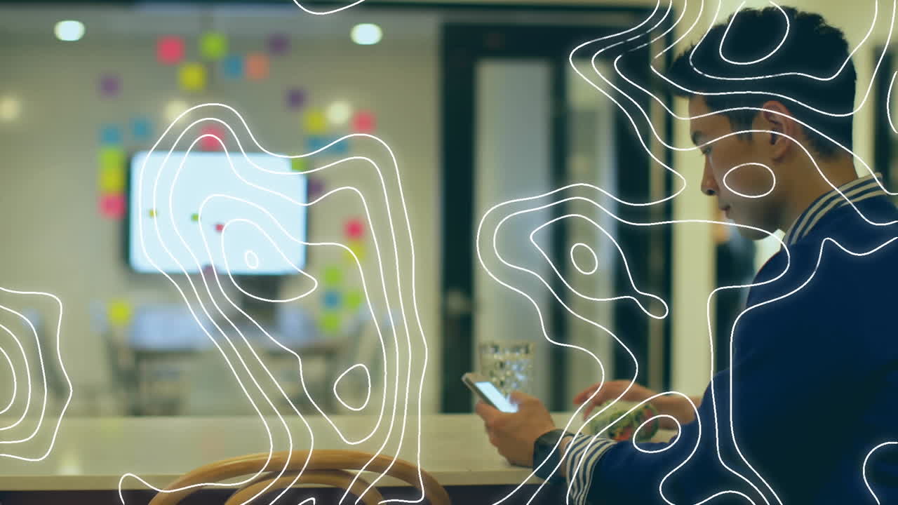 Animation of map lines moving over businessman using smartphone