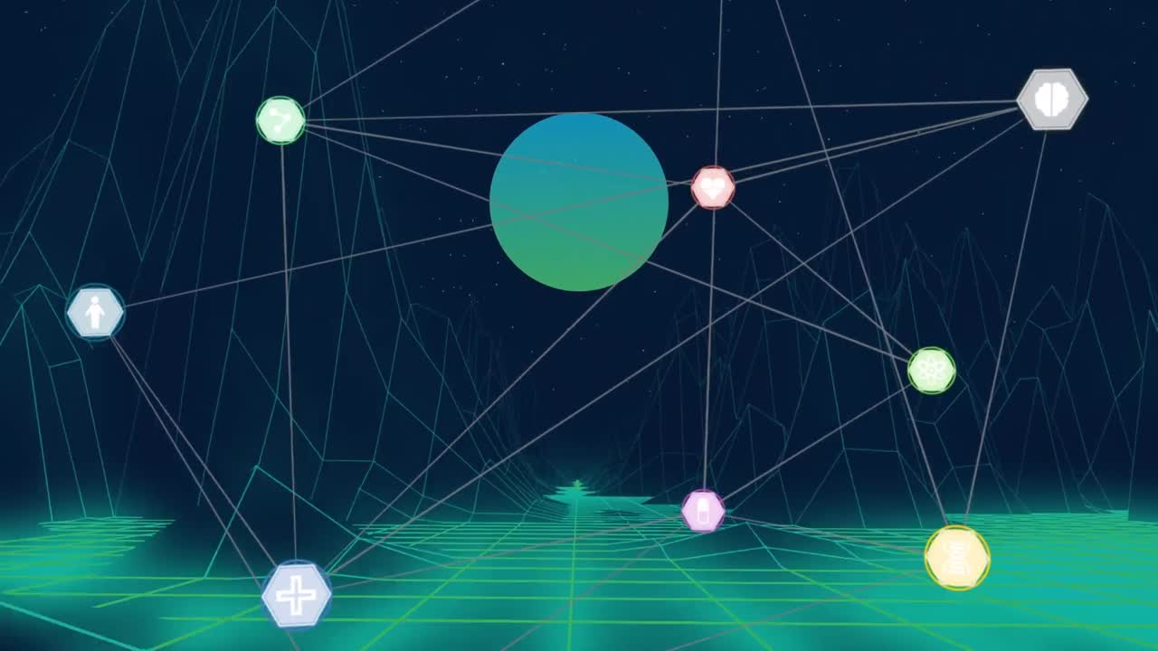 Animation of network of digital icons over 3d metaverse structures against blue background