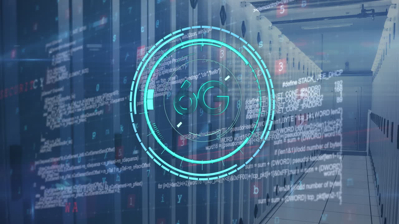 animación de texto de 6g sobre procesamiento de datos y sala de servidores