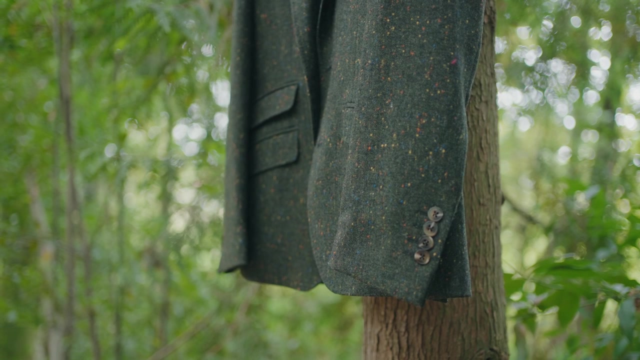 Vista de una chaqueta formal colgando de un árbol rodeada de vegetación forestal en un entorno natural