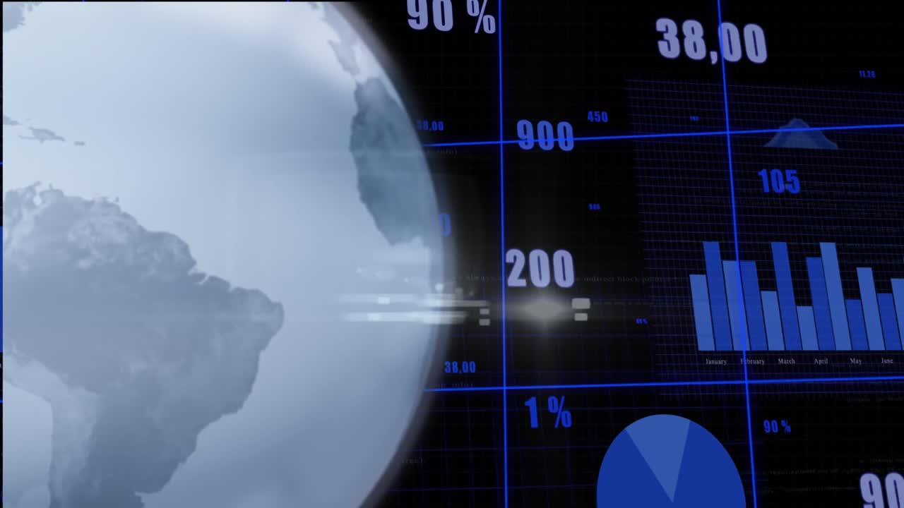 Animation of globe, graphs and numbers on black background