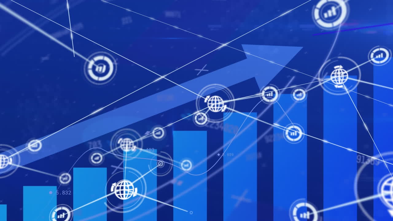 animación de la red de iconos digitales, cambios de números y procesamiento de datos estadísticos