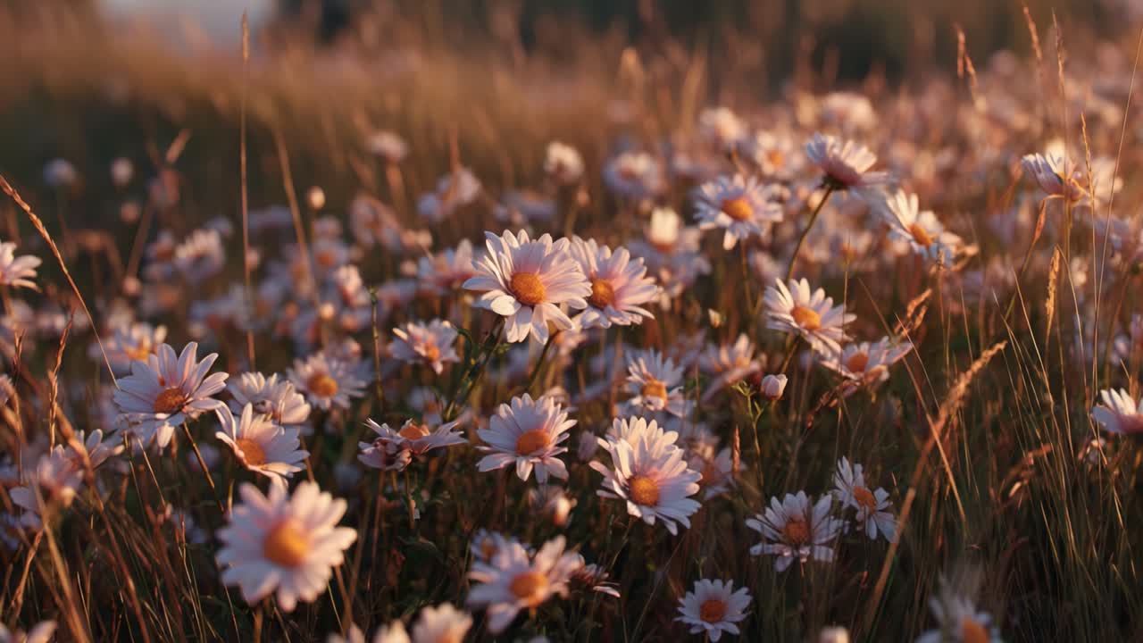 A Serene Landscape of Wild Daisies Bathed in Golden Light, Capturing the Tranquility and Beauty of Nature's Blooming Flowers in a Meadow Setting