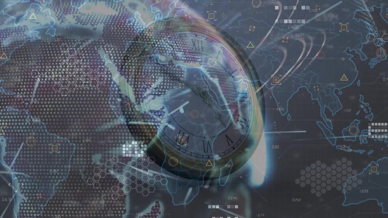 Animation of world map over moving clock on white background