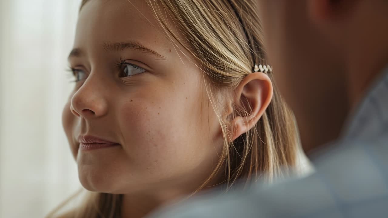 Bambina sorridente che risponde a un adulto che parla a casa, spostando lo sguardo; indossa un fermaglio per capelli e una camicia a quadri blu.