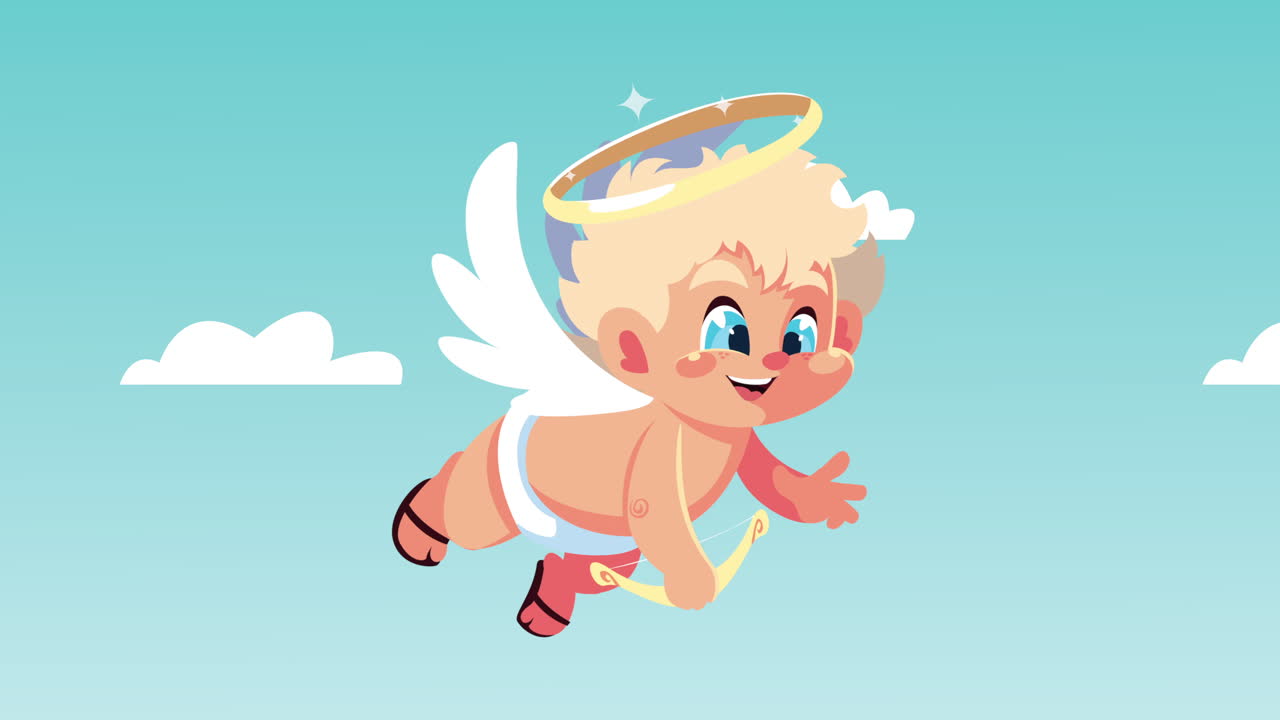happy valentines day card with cupid angel flying in the clouds sky