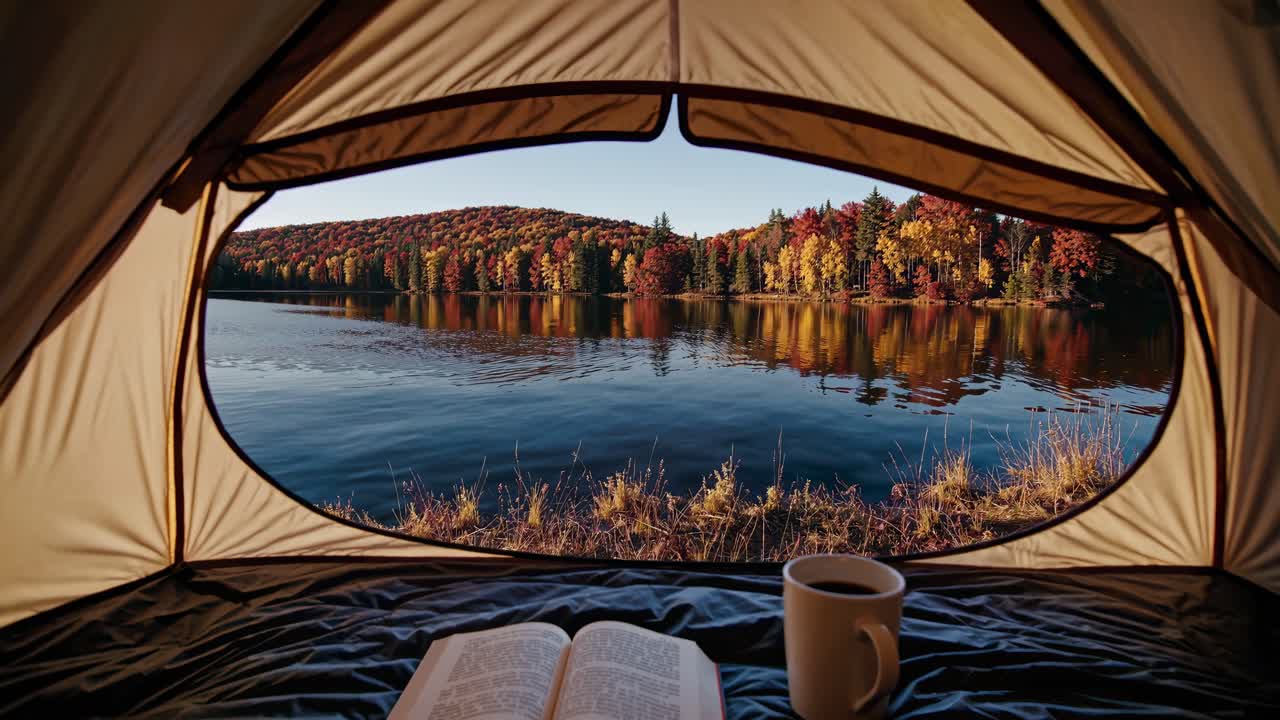 POV from inside a tent overlooking a serene lake and autumn forest, with a book and coffee