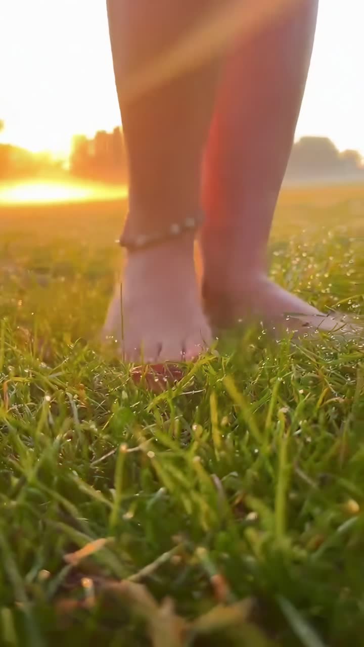 Bare Feet Walking on Dewy Grass at Sunrise