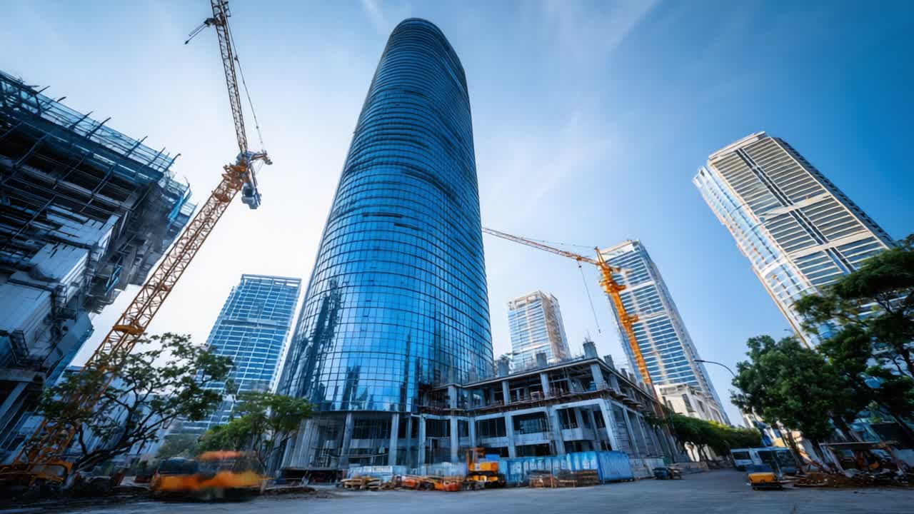 Progreso de construcción de un rascacielos moderno con grúas torre y cielo azul claro en un entorno urbano, mostrando la naturaleza dinámica del desarrollo de la ciudad.