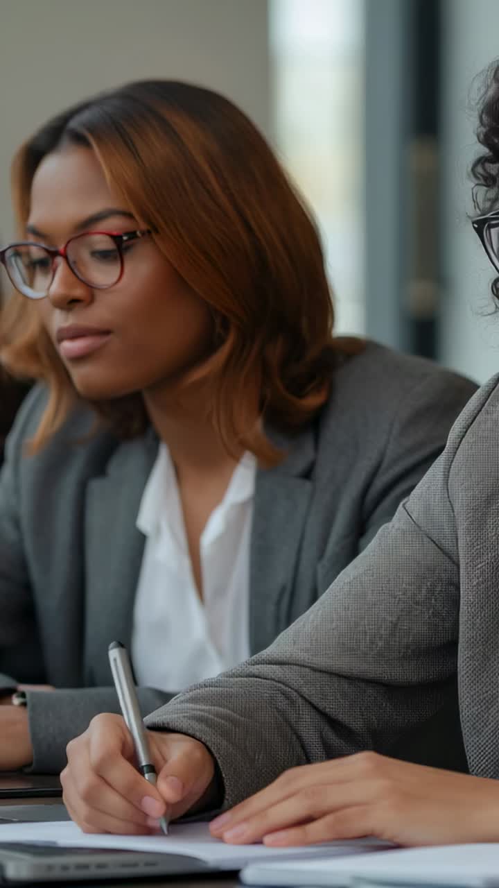 Vertical video: Taking notes right coworker in grey blazer during meeting, holding ballpoint pen