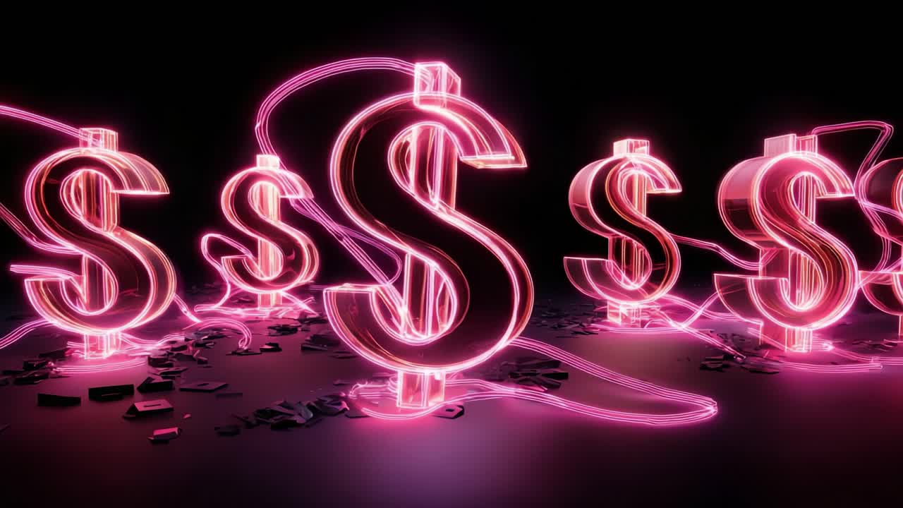 Dijital finans, ekonomik büyüme ve modern para birimi konseptlerini temsil eden, karanlık ve yansıtıcı bir yüzey üzerinde pembe neon ışığı ve enerji akışlarıyla parıldayan cam dolar işaretleri grubu