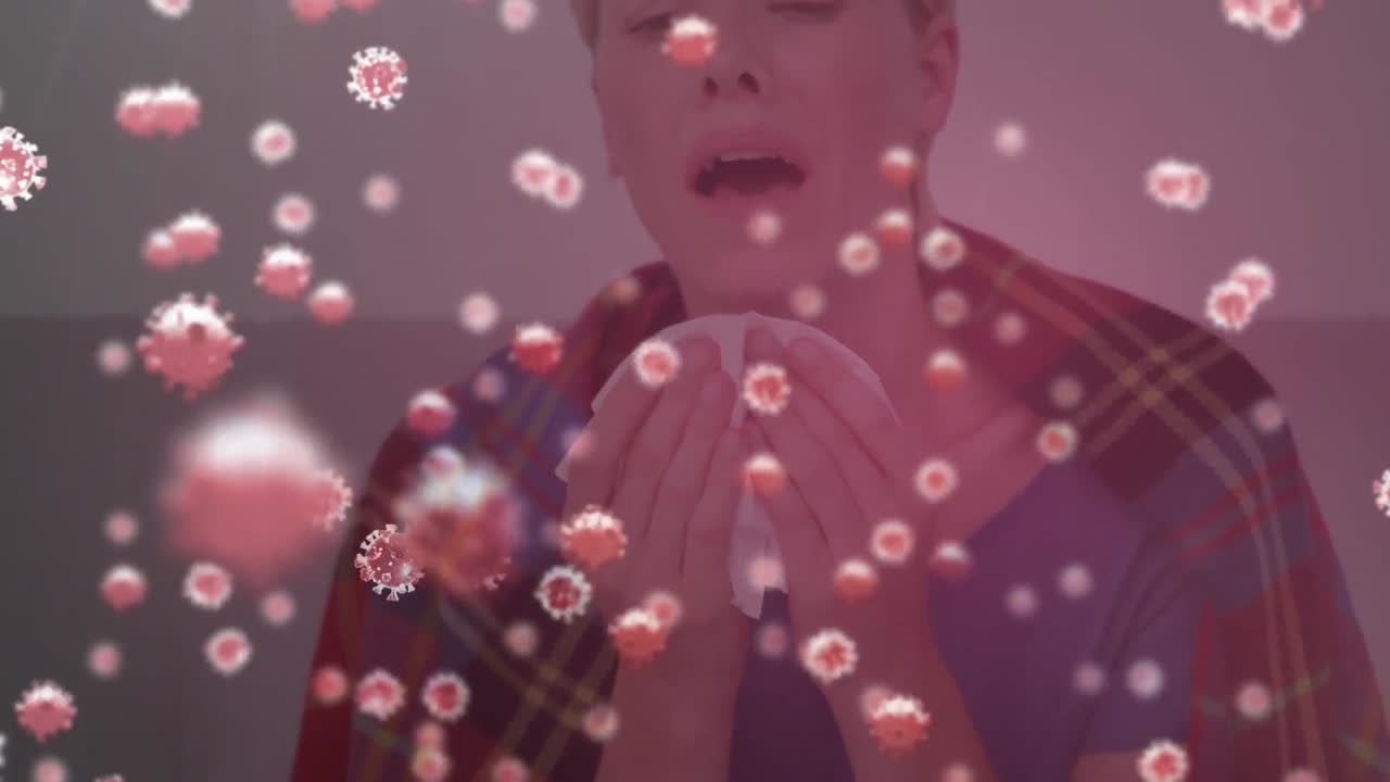 아픈 여성 위에 떠다니는 코로나19 세포의 애니메이션