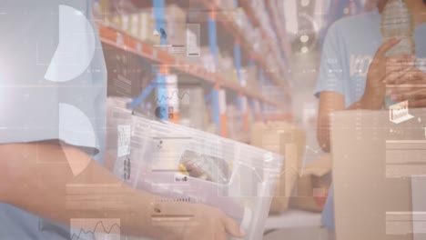 screens with data processing over male and female volunteers checking their donations at warehouse