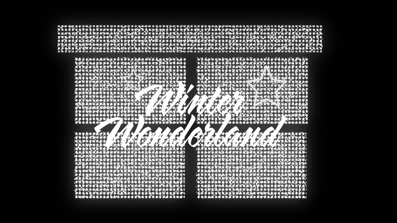 Animation of winter wonderland text over present with light spots on black background