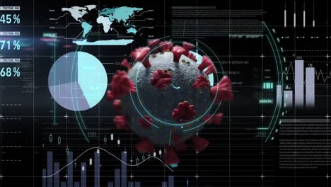 Covidanimation-Von-Covid-19-Zellen,-Die-über-Statistiken-Und-Datenverarbeitung-Schweben