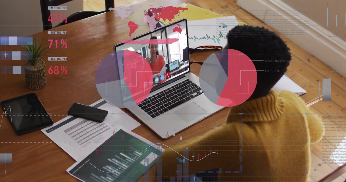 Seated woman reviewing charts in business call, host gesturing causing data overlays