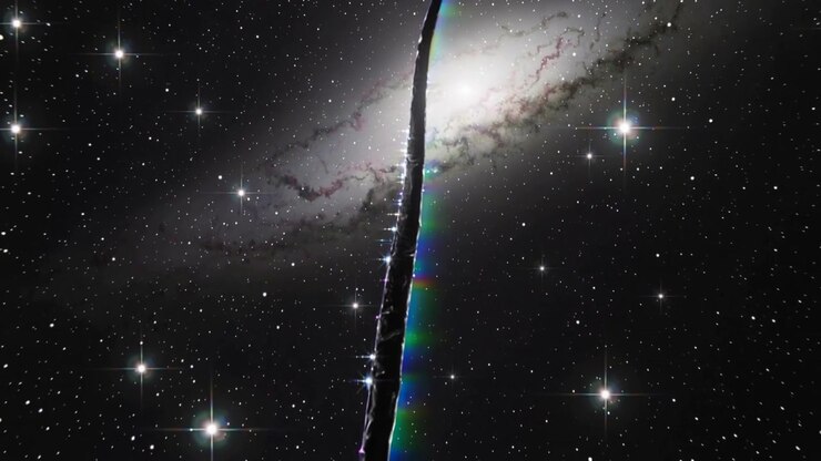 Panning camera, filament shifting right and leaning in space, revealing galaxy and rainbow glints