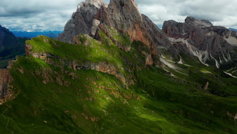 seceda mountain, val gardena. aerial reveal shot, italy