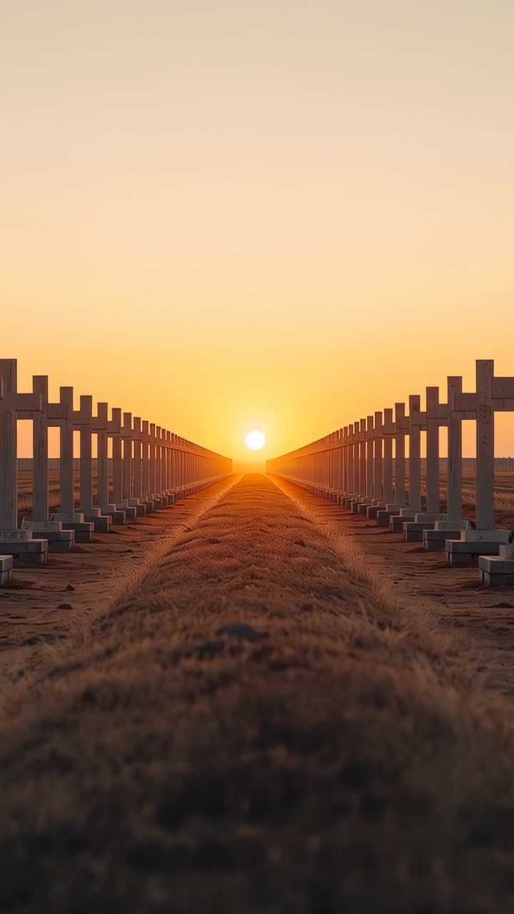 Video verticale: Corridoio di uno stabilimento balneare all'alba con luce dorata su una pianura con pali di supporto.