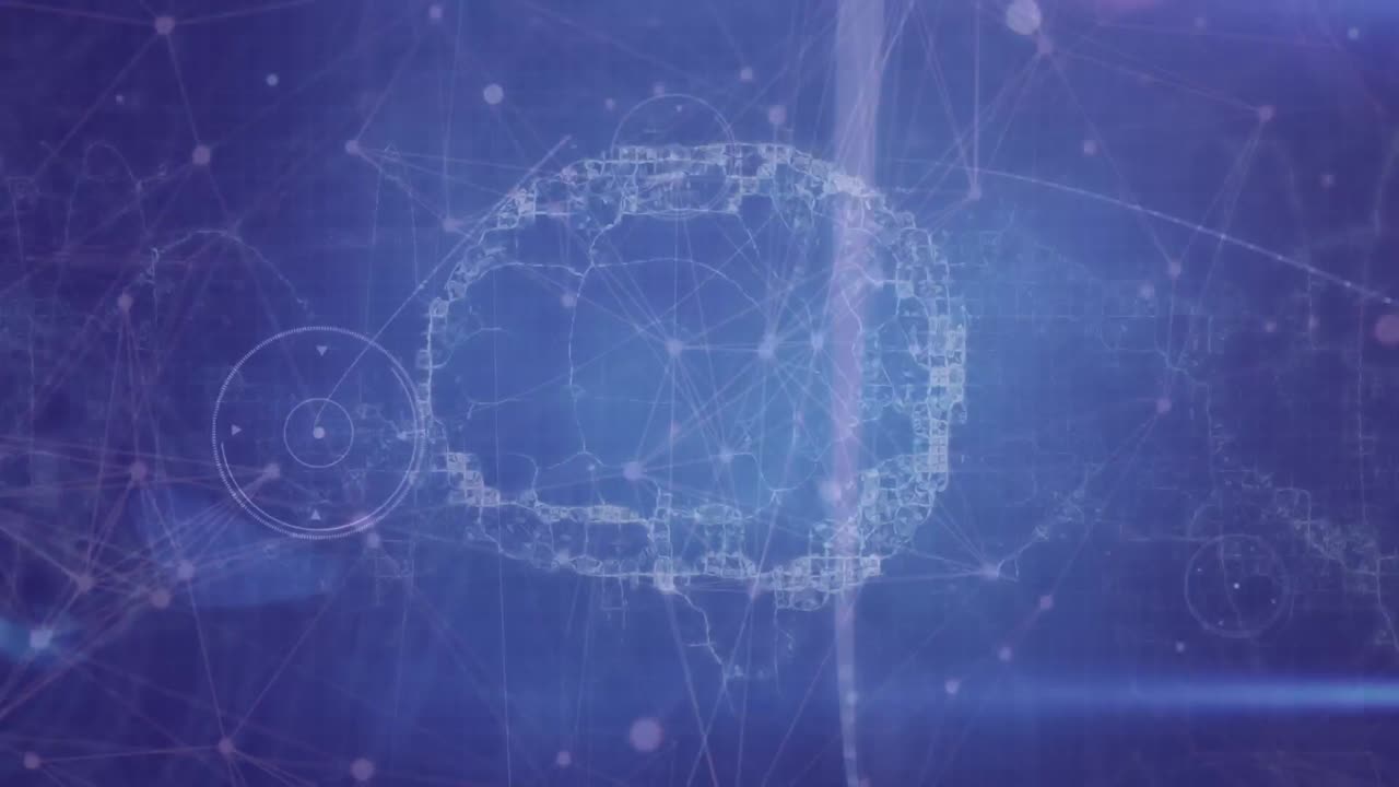 animación de redes de conexiones con el cerebro humano girando sobre un fondo azul