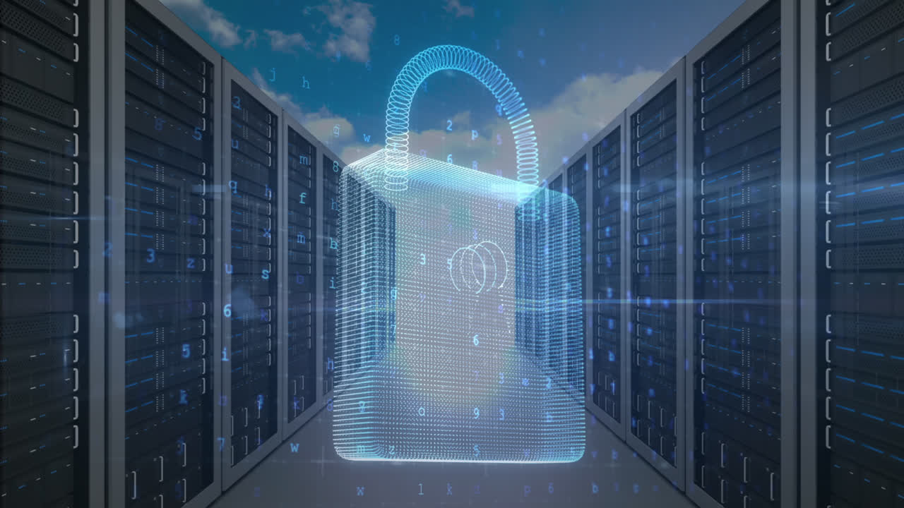 Animation of data processing and padlock over server room and sky