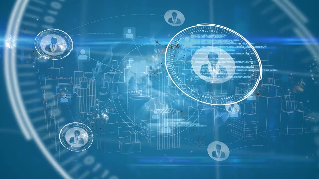 Animation of scope scanning and data processing with digital cityscape on blue background
