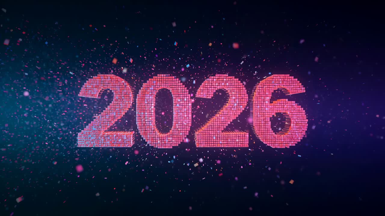 Kleine tegels die het mozaïek van de cijfers 2026 vormen, op elkaar aansluiten en het midden van het podium verlichten, zwevende deeltjes