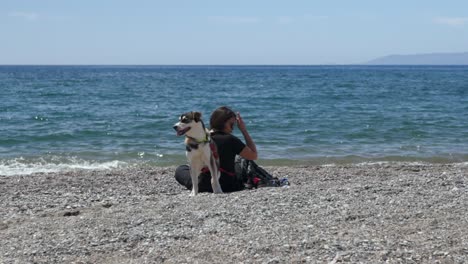 caucasian brunette greek woman, hanging out on a pebble beach along with her pet dog, half breed husky on a sunny spring day at kalamata. slow motion 100fps, quarter speed