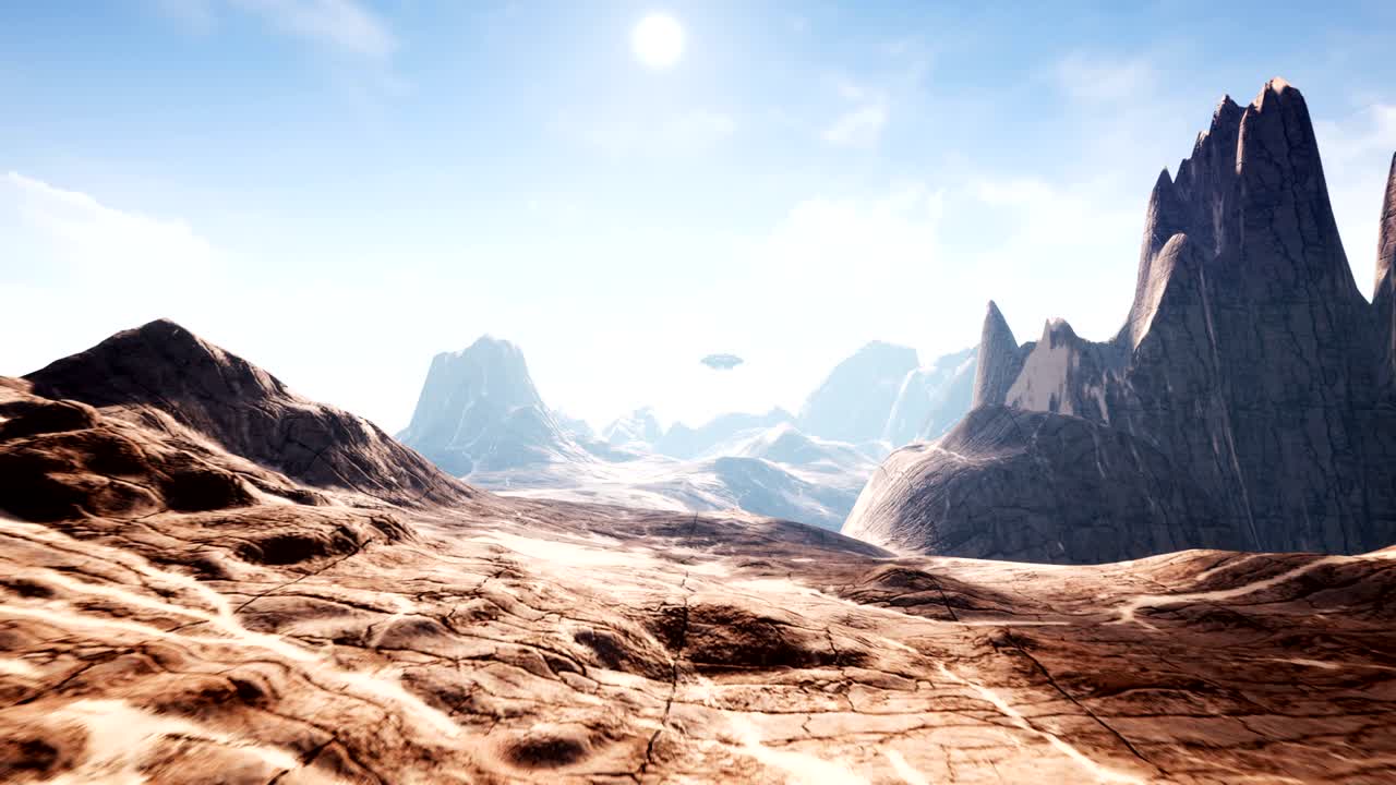 알 수 없는 행성 위를 날아다니는 우주선 (ufo의 미래 개념)