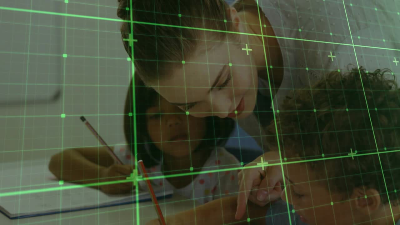 Teacher leaning over student desk pointing at workbook with animated highlight and guiding writing