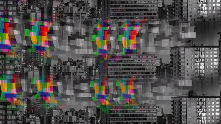 Colorful and monochrome static with a view of the city