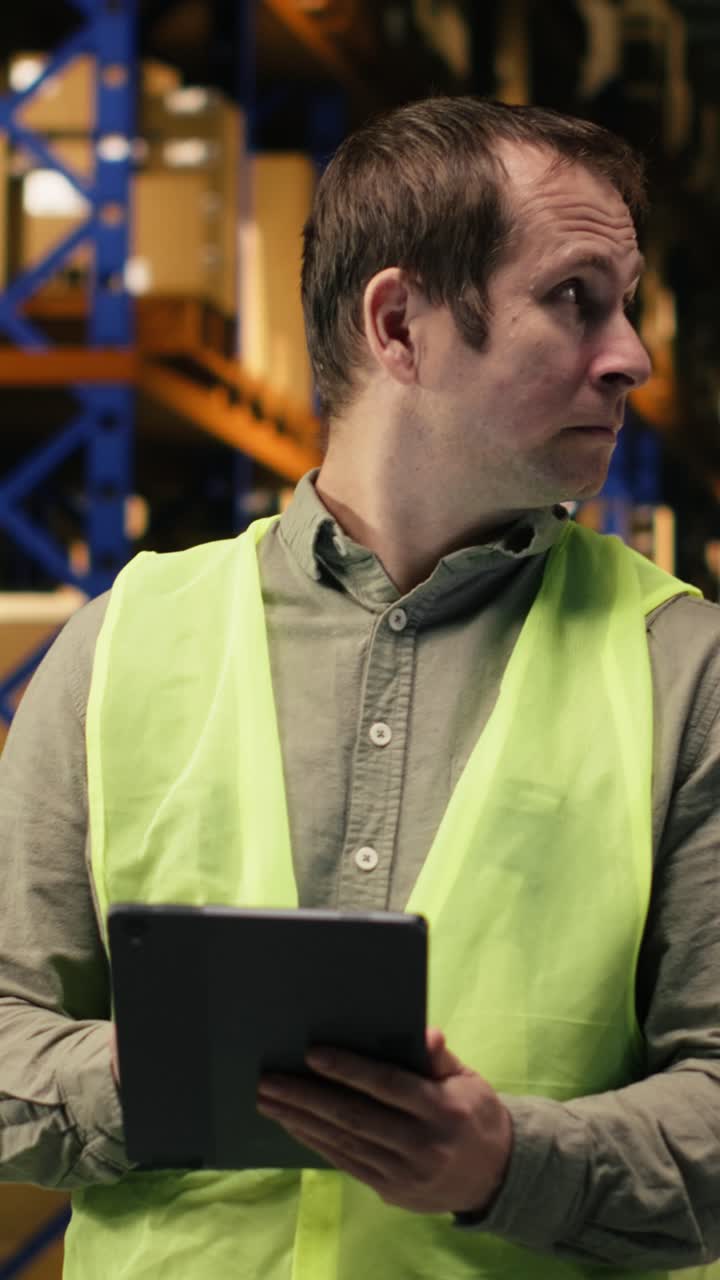 Video verticale: impiegato del deposito coordina la spedizione della merce con un tablet, indossando un giubbotto di sicurezza.