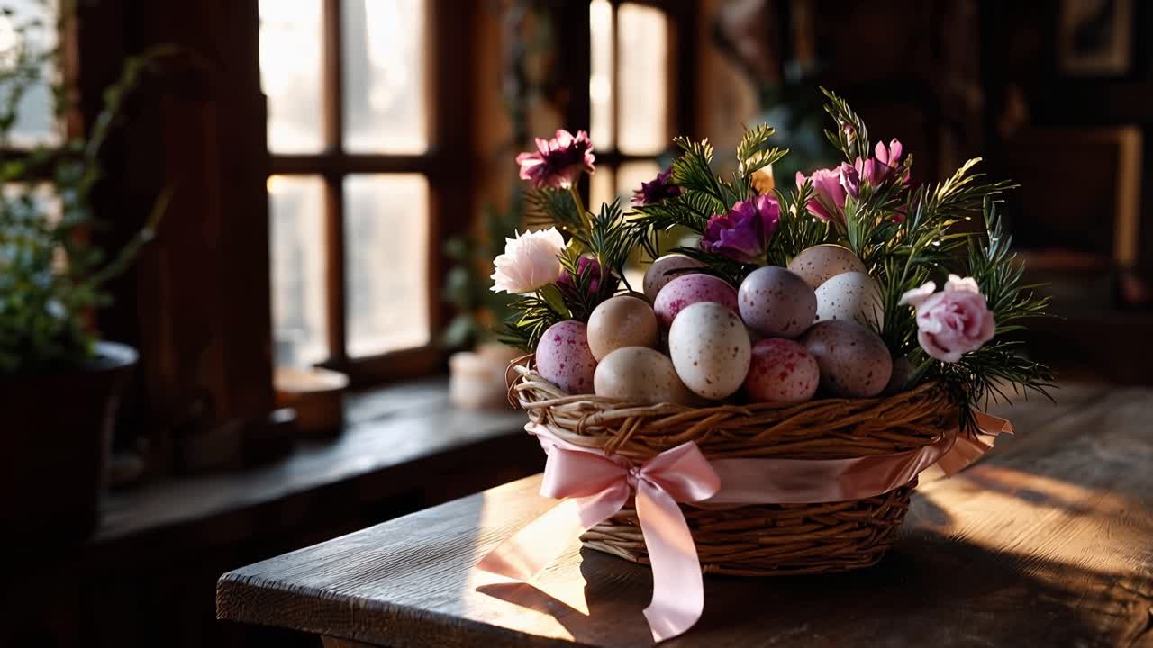 Sunlight pours through rustic window frames. Woven basket holds decorated eggs and soft pink flowers. Ribbon ties the basket's bow with gentle grace. Warm glow highlights the wooden table beneath