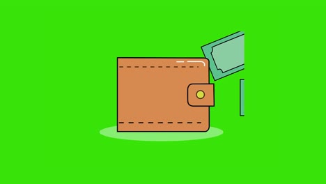 billetera de cuero con icono de dinero aislado en el fondo de la pantalla verde. dinero en efectivo y símbolo de moneda. icono de billetera. bolsillo de ahorro de dinero.