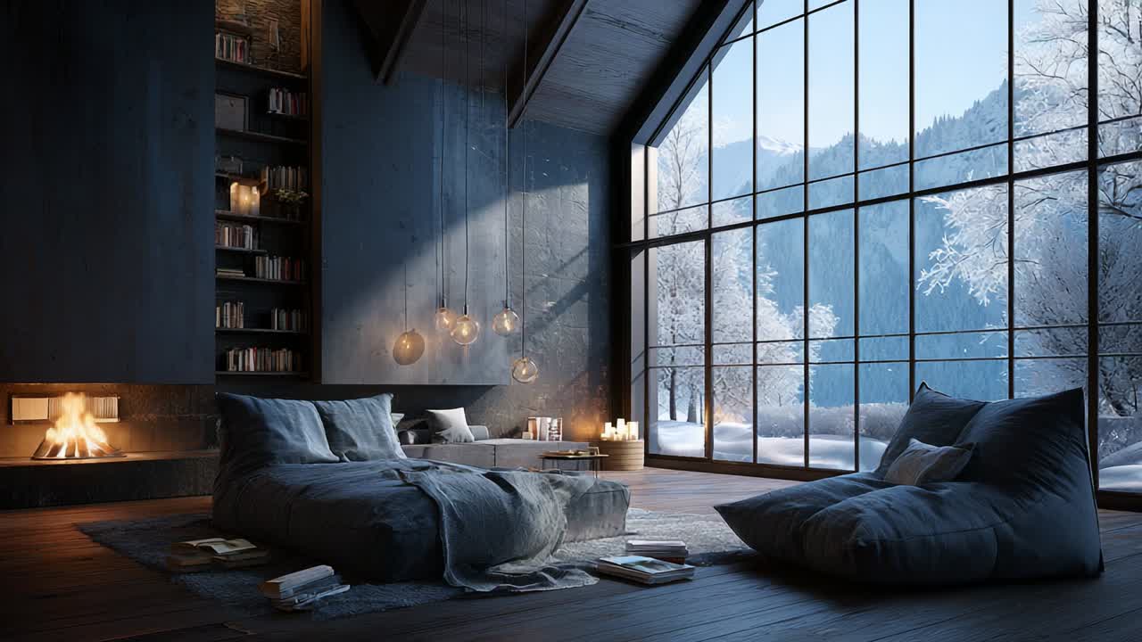 Cozy Modern Retreat with Expansive Windows Overlooking a Snowy Winter Landscape, Featuring Plush Seating, Warm Lighting Candle Accents, and a Stone Fireplace, Perfect for Relaxation and Comfort