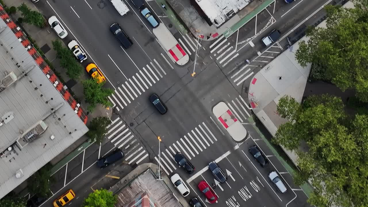 Aerial view of urban buildings in New York City showcasing vibrant rooftops