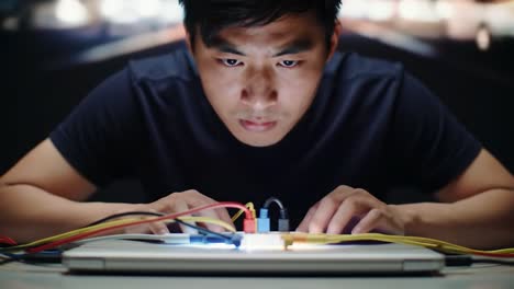 focused young man engaged in complex electronics experiment, analyzing circuits with colorful wires, driven by curiosity and innovation in a dimly lit environment