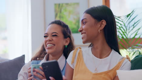 Home,-women-and-friends-with-a-smartphone