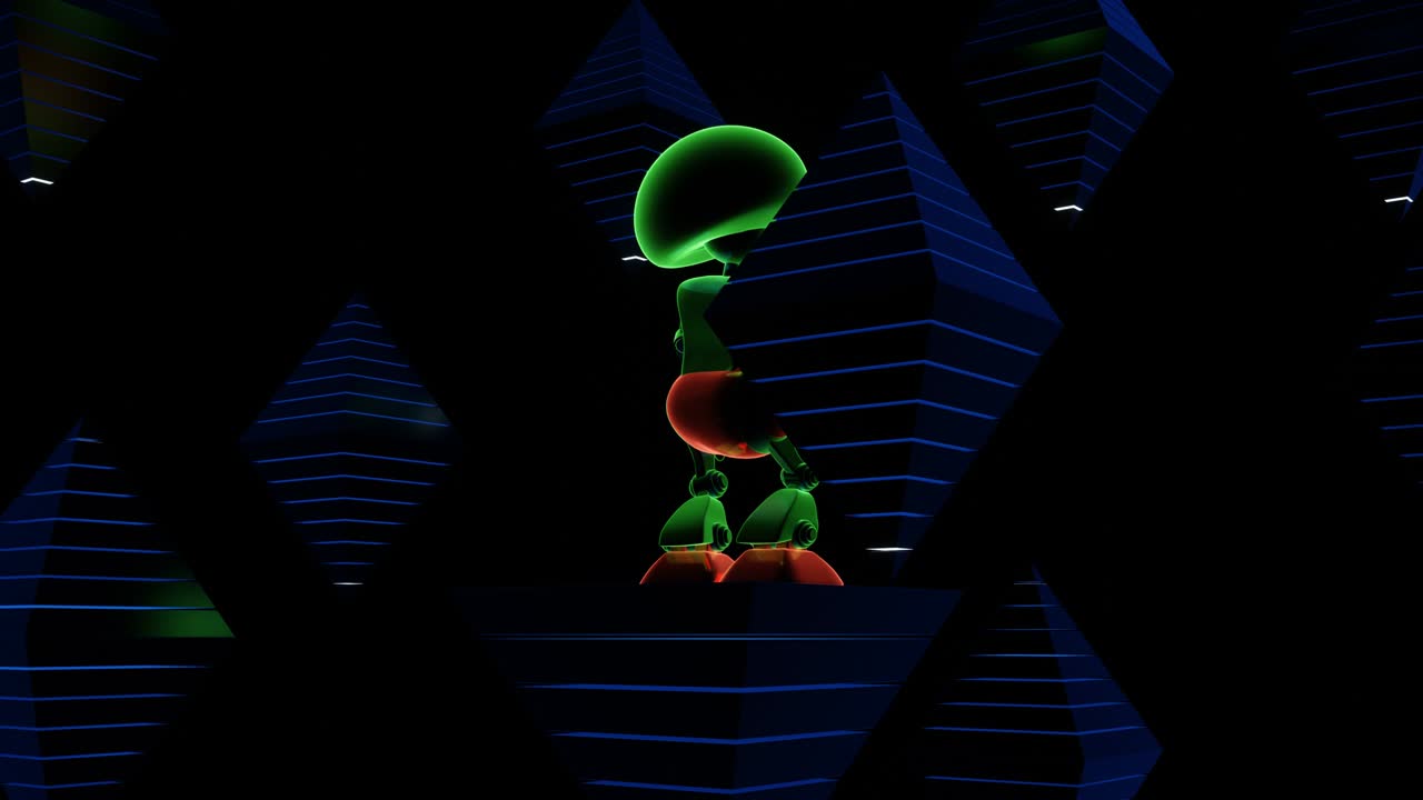 un robot verde bailando en una pirámide brillante.