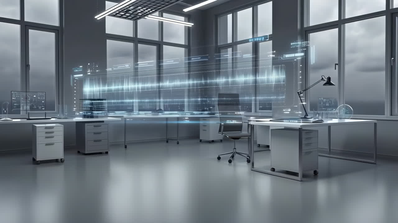 Modern and Futuristic Office with Holographic Data Display