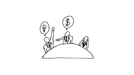 animation of painted businessmen sitting at desk discussing appearing