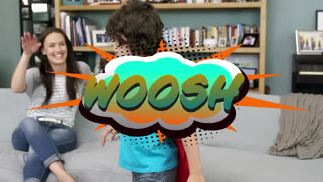 woosh text on speech bubble against boy in superhero costume giving high five to his mother g