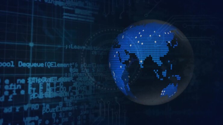 Animation of spinning globe, data processing and microprocessor connections against blue background