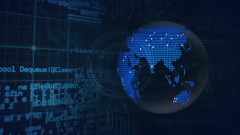 animación de globo giratorio, procesamiento de datos y conexiones de microprocesador contra un fondo azul