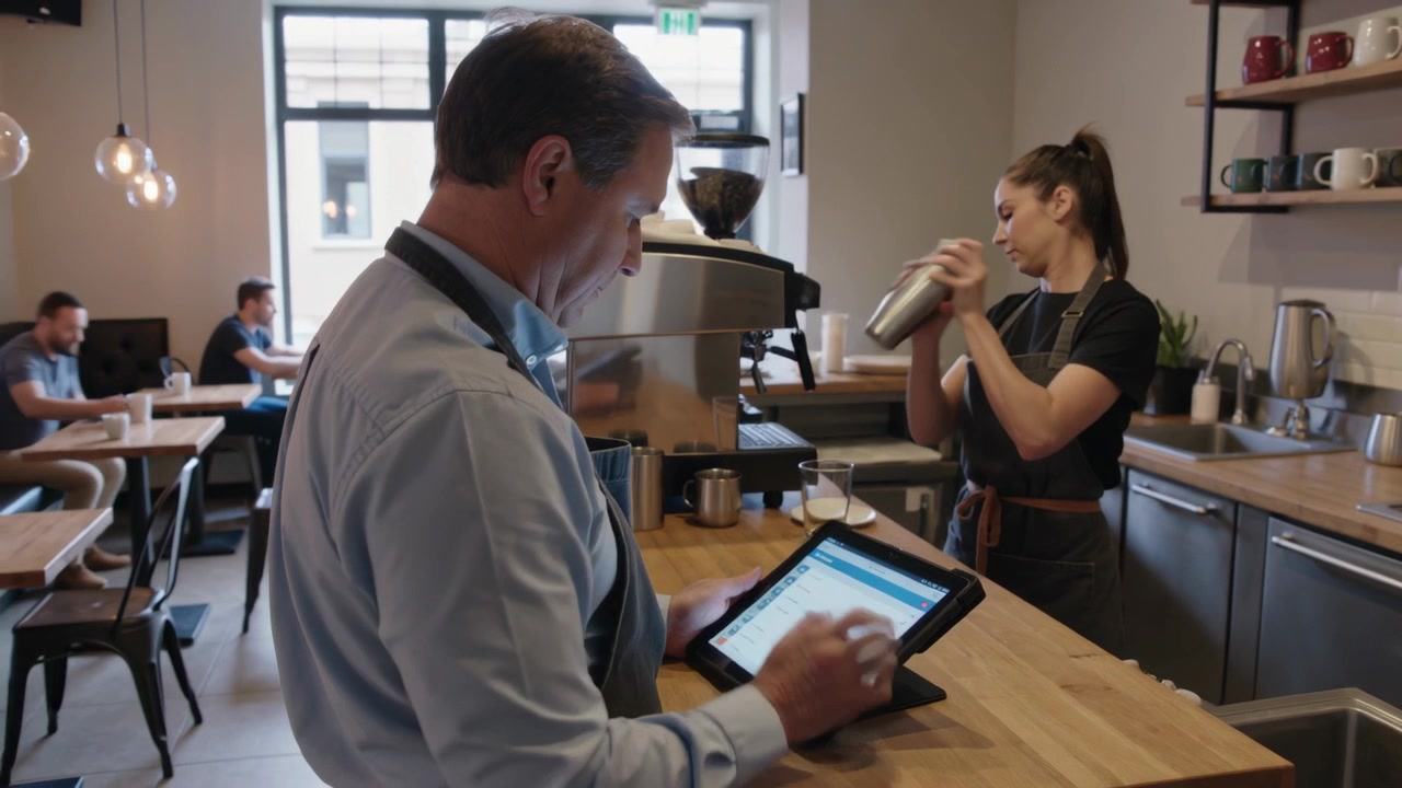 Un barista inizia ad agitare lo shaker dietro il bancone mentre prepara una bevanda, un uomo in camicia e grembiule controlla un tablet.