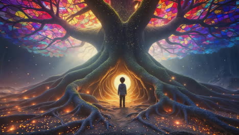child standing before a luminous stained glass tree of life