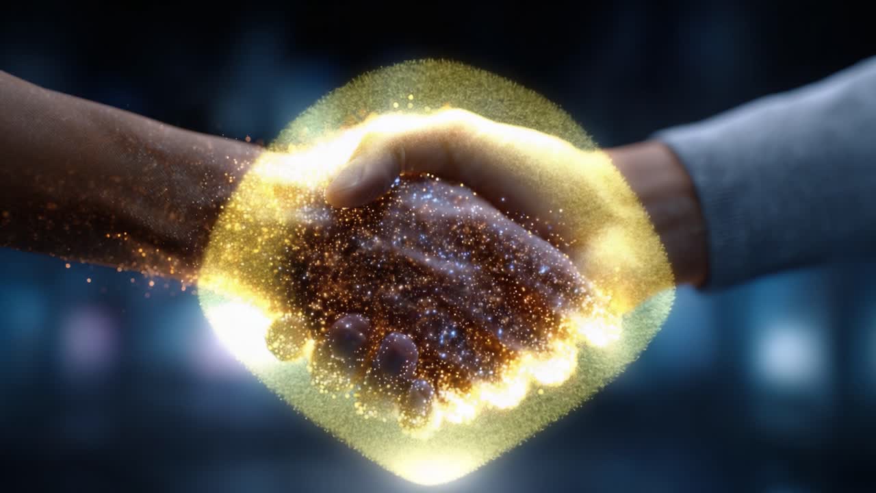 A Cosmic Connection: Two Hands Shaking Enhanced with Glowing Particles Signifying Trust, Unity, and Collaboration in a Digital Environment