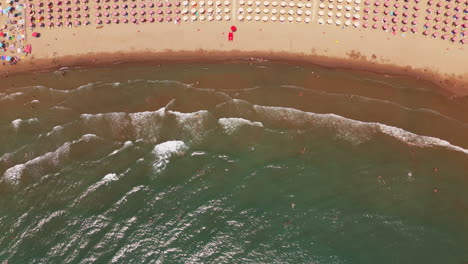 high drone shot in full top-down angle showing waves crashing on varigotti beach, umbrellas in rows, and light forward movement at the end