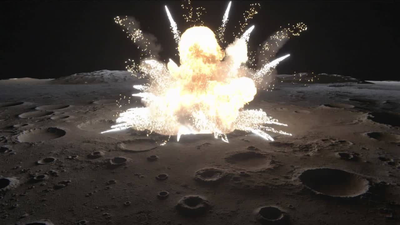 Un lampo bianco che erutta innescando un'esplosione, una palla di fuoco del cratere che invia detriti luminosi e fumo sulla luna.