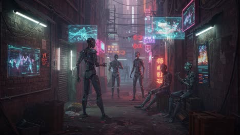 futuristic alleyway encounter: a group of robots gather amidst neon lights and holographic displays in a cyberpunk setting, highlighting the fusion of technology and urban life